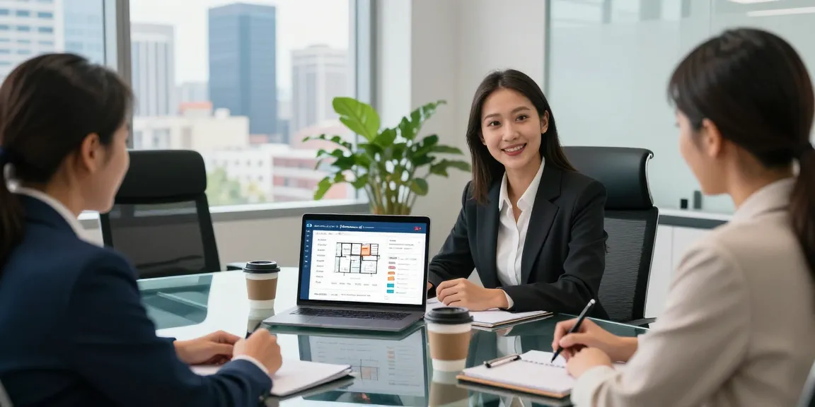 Real estate agent using IDXSTAR software in a modern office meeting with clients.