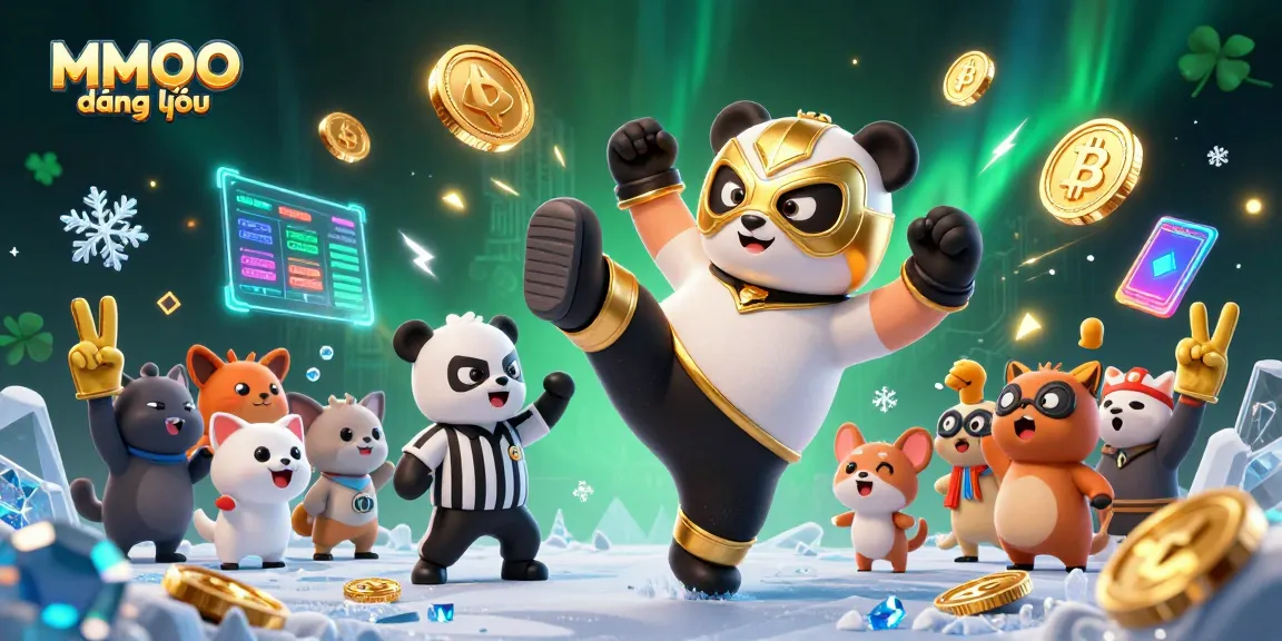 Experience MMOO đăng nhập with an action-packed casino scene featuring vibrant characters and cryptocurrency elements.