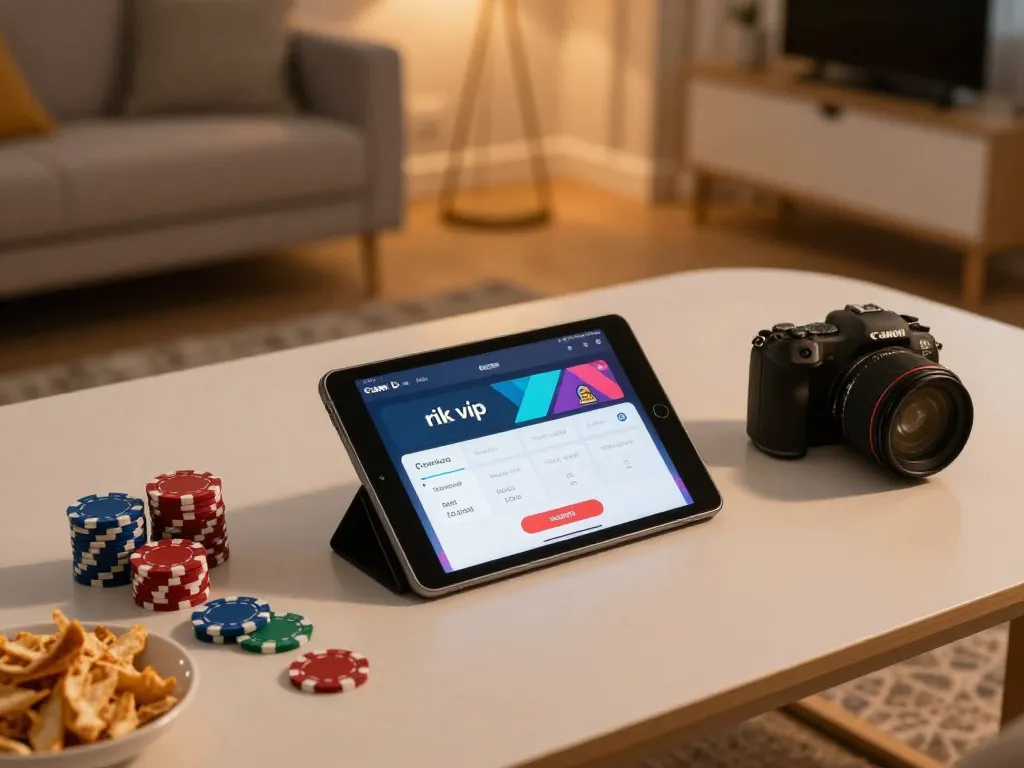 Engaging in online gaming with rik vip app on tablet, surrounded by poker chips and snacks.