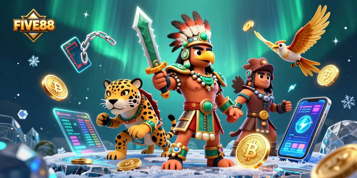 Engage with FIVE88 in an action-packed gambling scene featuring Aztec warriors and crypto elements.