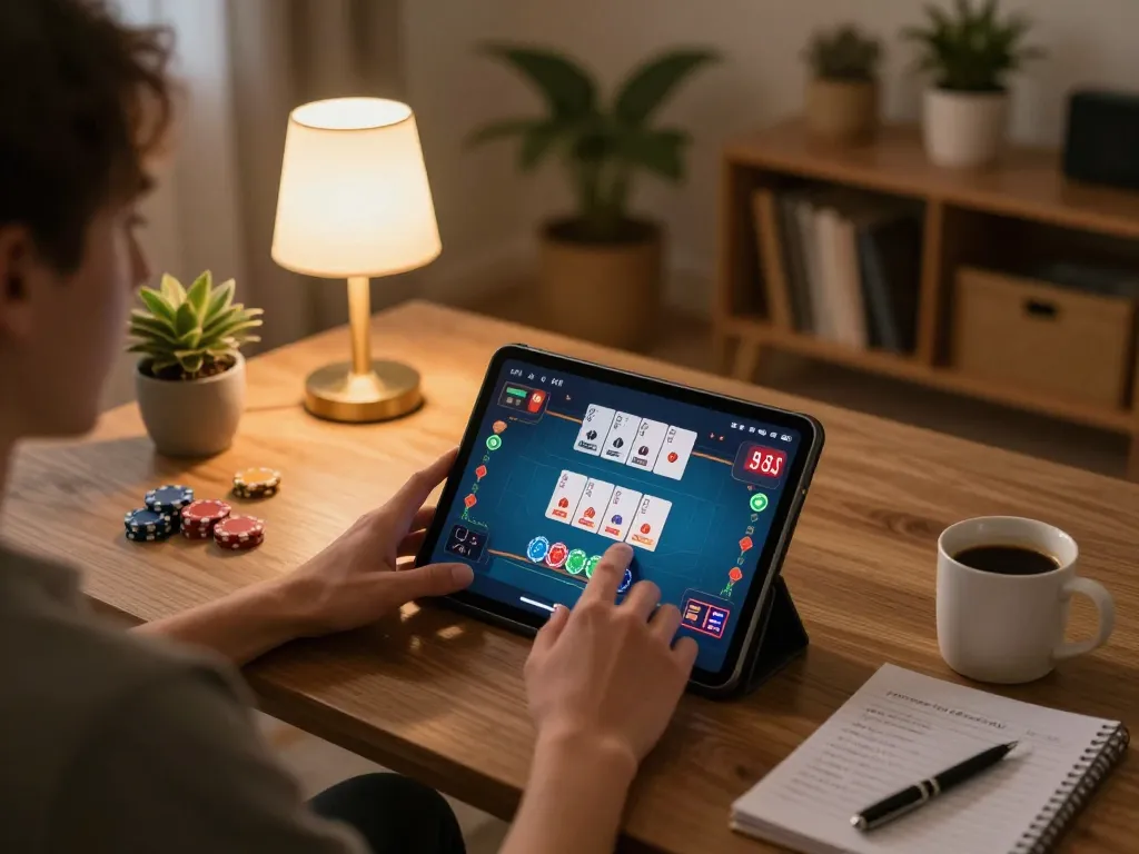 Player enjoying SC88 online gaming experience in a cozy home setup with engaging poker interface