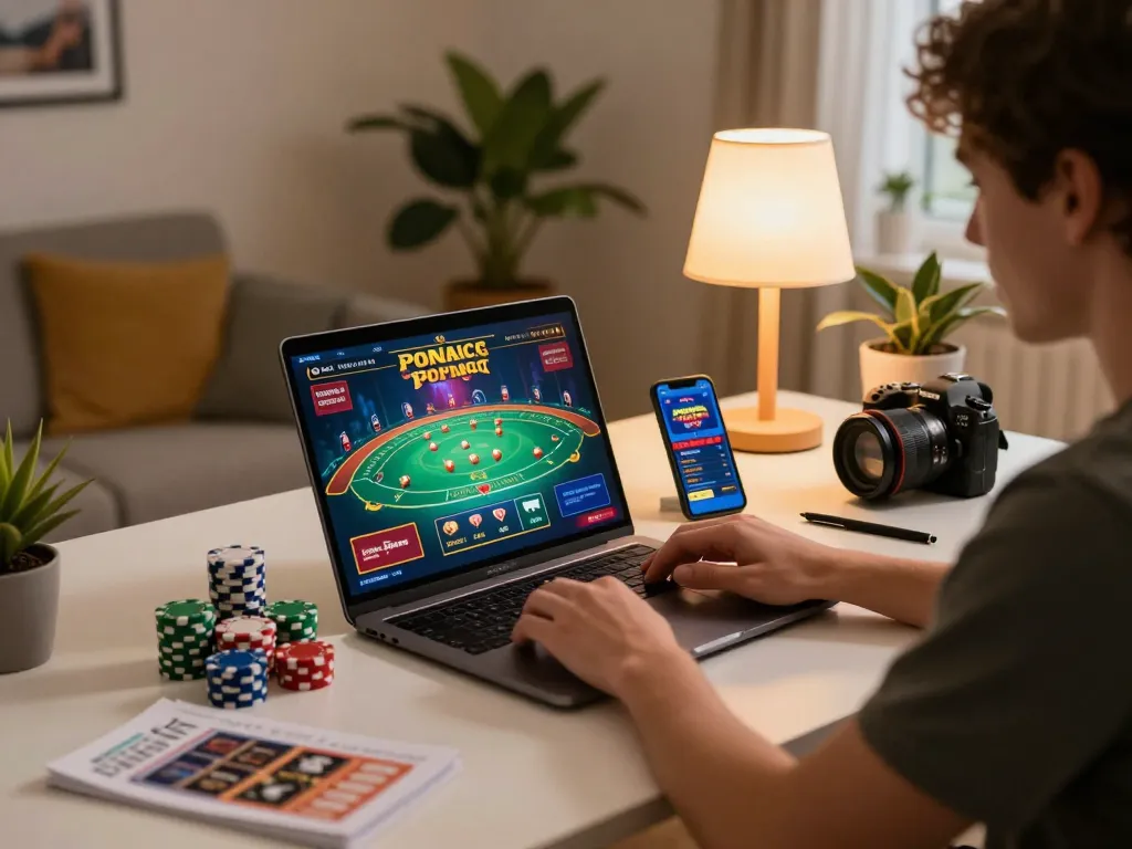 Engaging in online casino gaming at home with alc88 on a stylish setup, showcasing poker chips and strategy notes.