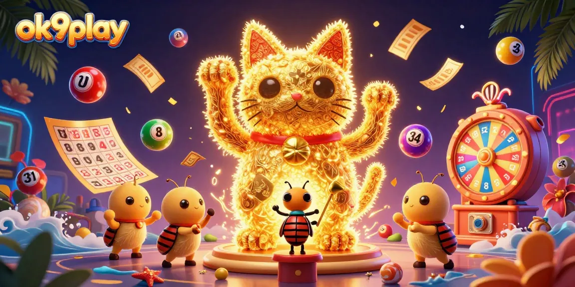 Engage in thrilling fun with ok9play's colorful lucky cat and vibrant lottery elements in 3D.