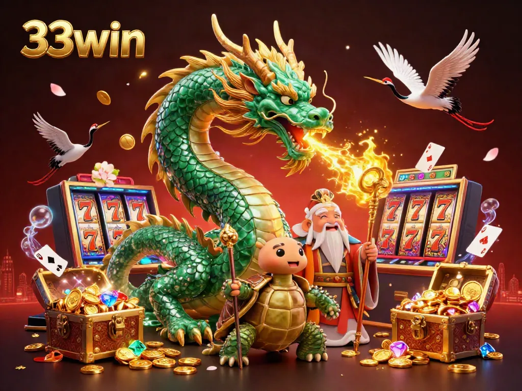 Experience the thrill of 33win with a magical dragon, turtle sage, and lucky cranes in an exciting casino setting.