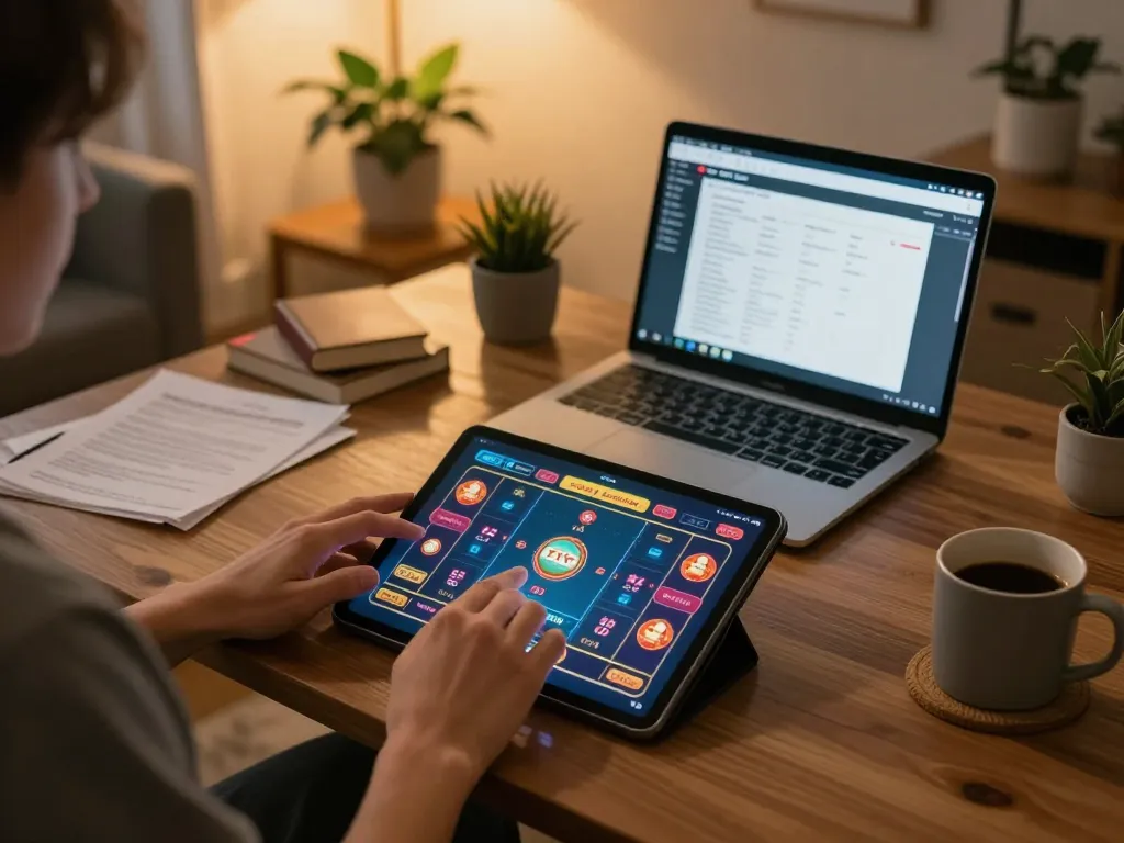 Engaging in tài xỉu online using a tablet in a cozy home setting, showcasing responsible gaming habits.
