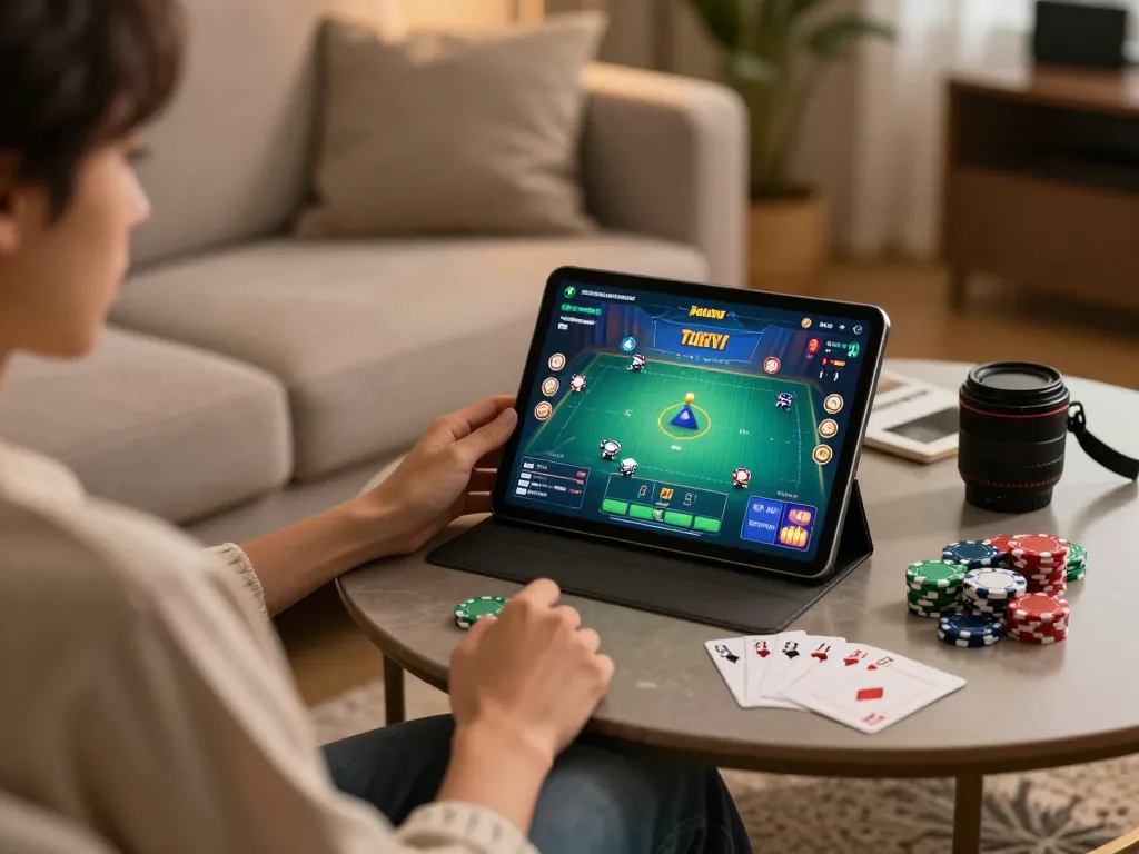 Engaging in Trang tài xỉu online strategy with tablet on a cozy home couch.