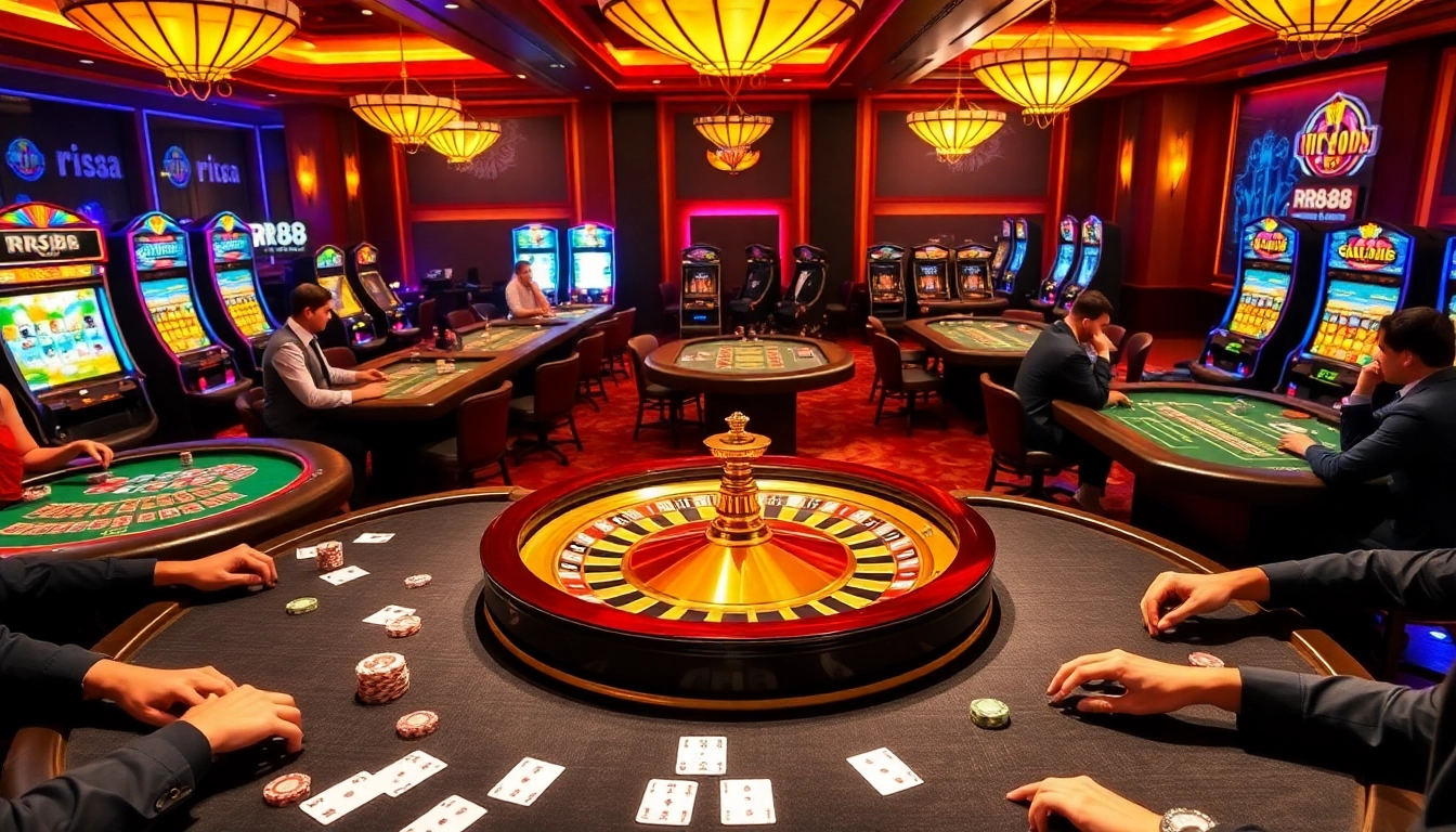 Experience the thrill of RR88 with vibrant casino tables featuring poker and blackjack action.