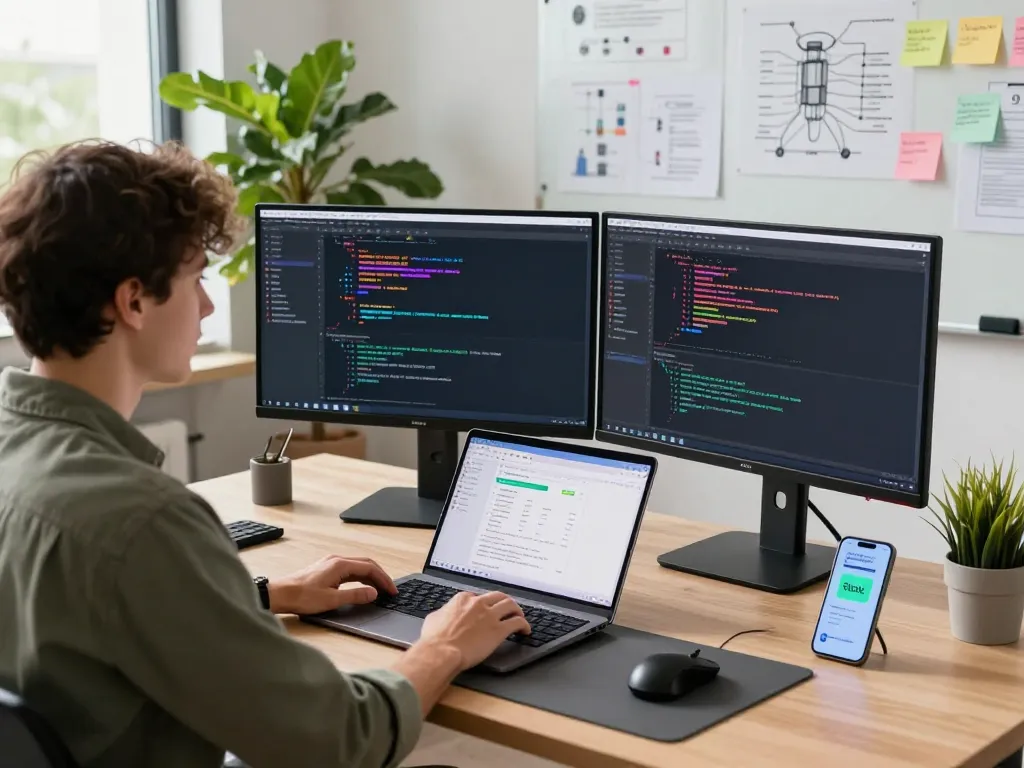 Moltbot AI showcased in a vibrant tech workspace, featuring a developer coding on dual monitors, highlighting productivity and modern AI integration.