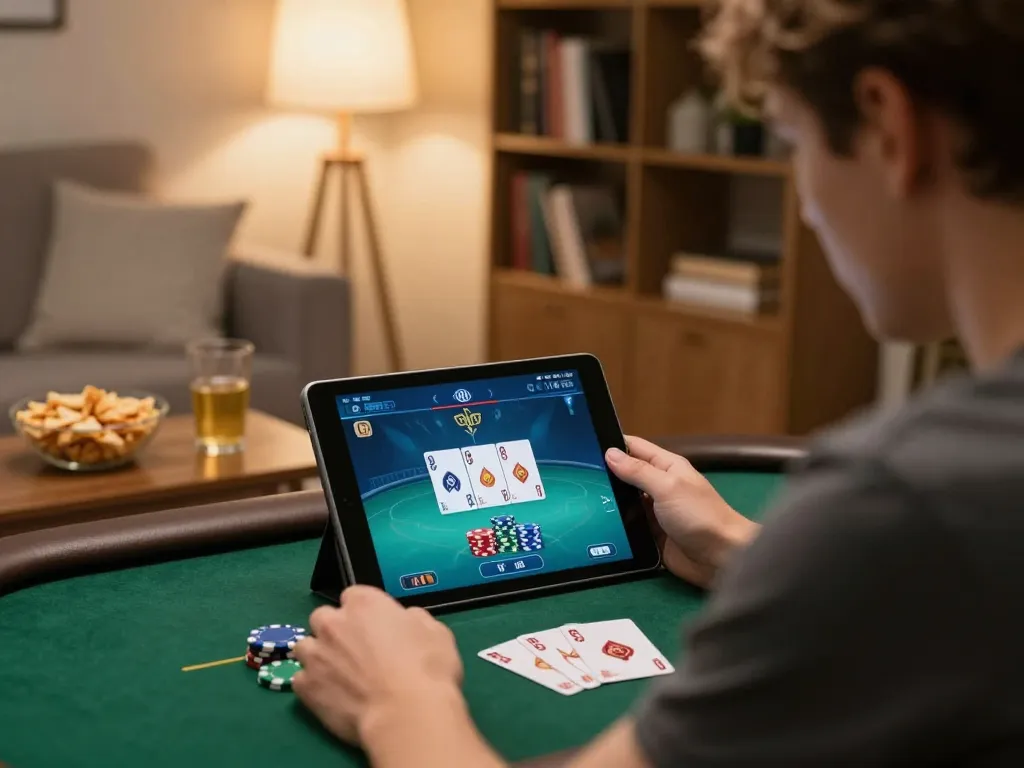 Player strategizing in online poker game at home with BL555 app on tablet.