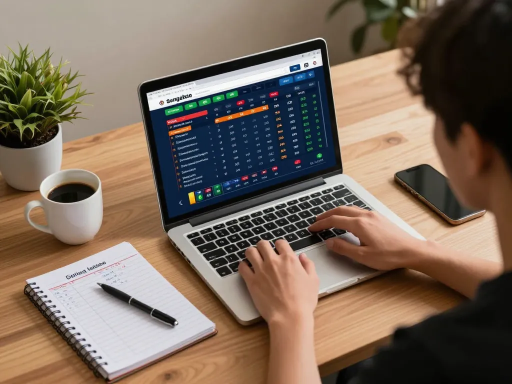 Sungaitoto user analyzing sports betting odds at a cozy home workspace with modern decor.