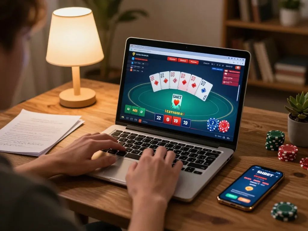 Engaging in SHBET online gaming with a laptop, showcasing poker gameplay.