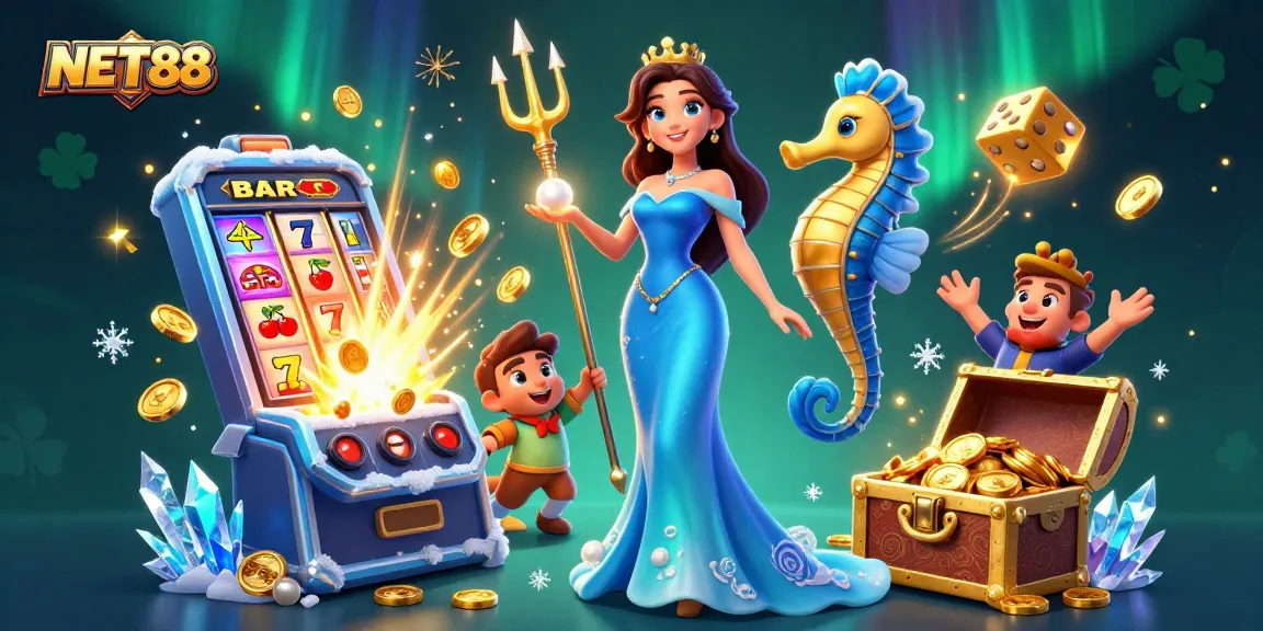 Experience the thrill of NET88 with a vibrant casino scene featuring a glowing pearl and treasures.