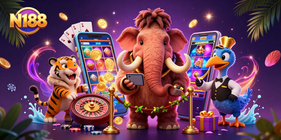 N188's vibrant casino scene with a mammoth bouncer and saber-tooth VIP amidst dynamic slot games.