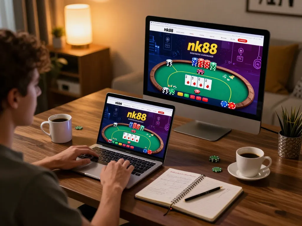 Engaging strategic gameplay with nk88 as a person uses a laptop for online casino fun