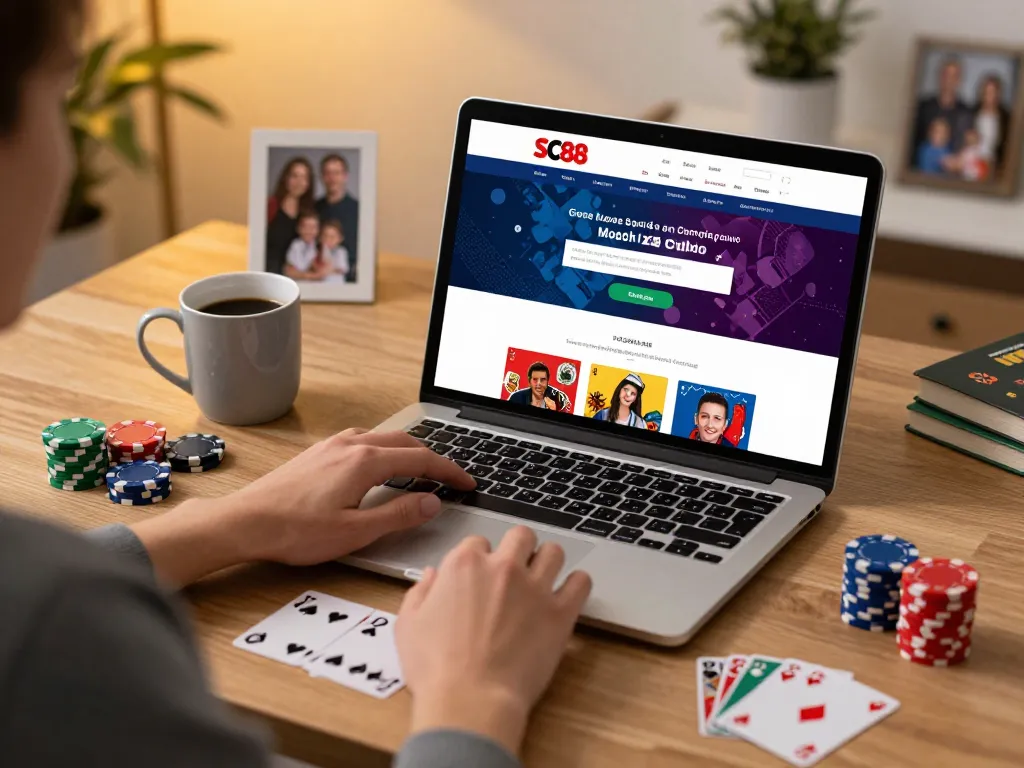 Engaging online gaming scene at SC88 trang chủ with player using laptop and colorful chips.