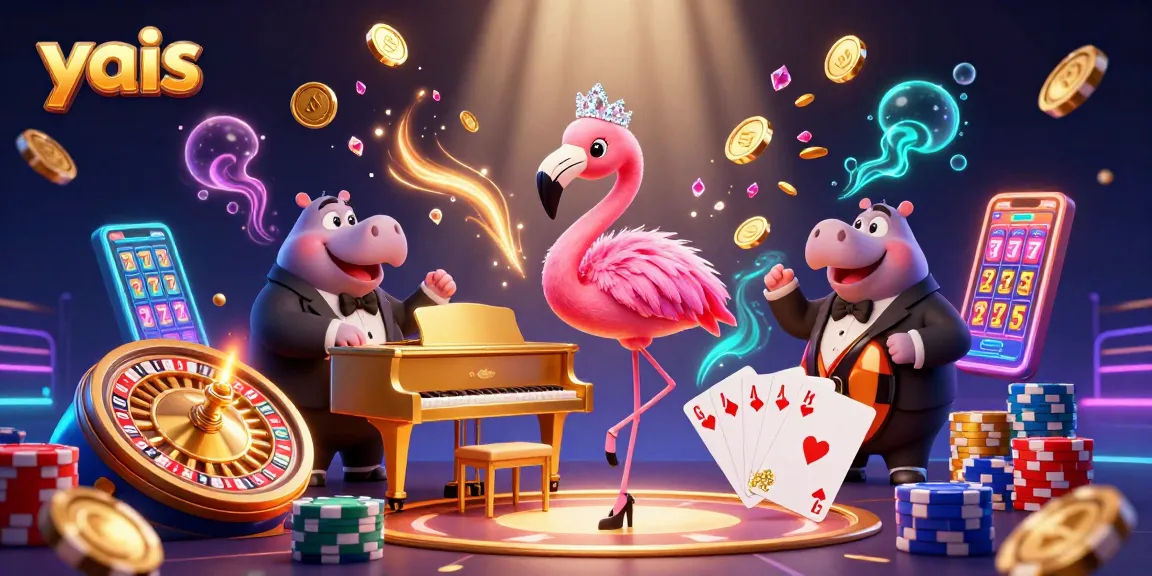 Engage in thrilling gameplay at yais with colorful casino elements and dynamic characters in a vivid 3D illustration.