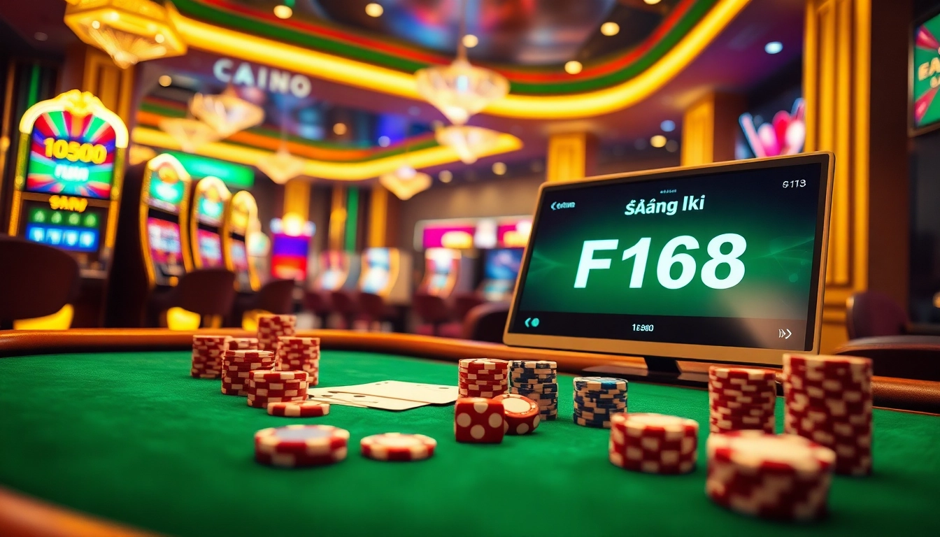 Engaging scene for đăng ký F168, featuring luxurious casino elements like tables, cards, and vibrant slot machines.