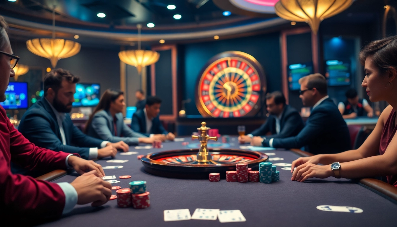 Action-packed scene of a poker game at jbo's casino with lively players and vibrant chips.