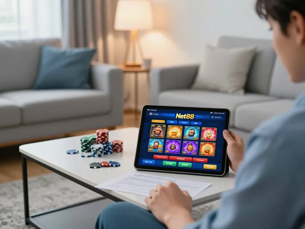 Engaged player using Net88 casino app on tablet in cozy home setting, showcasing online gambling.
