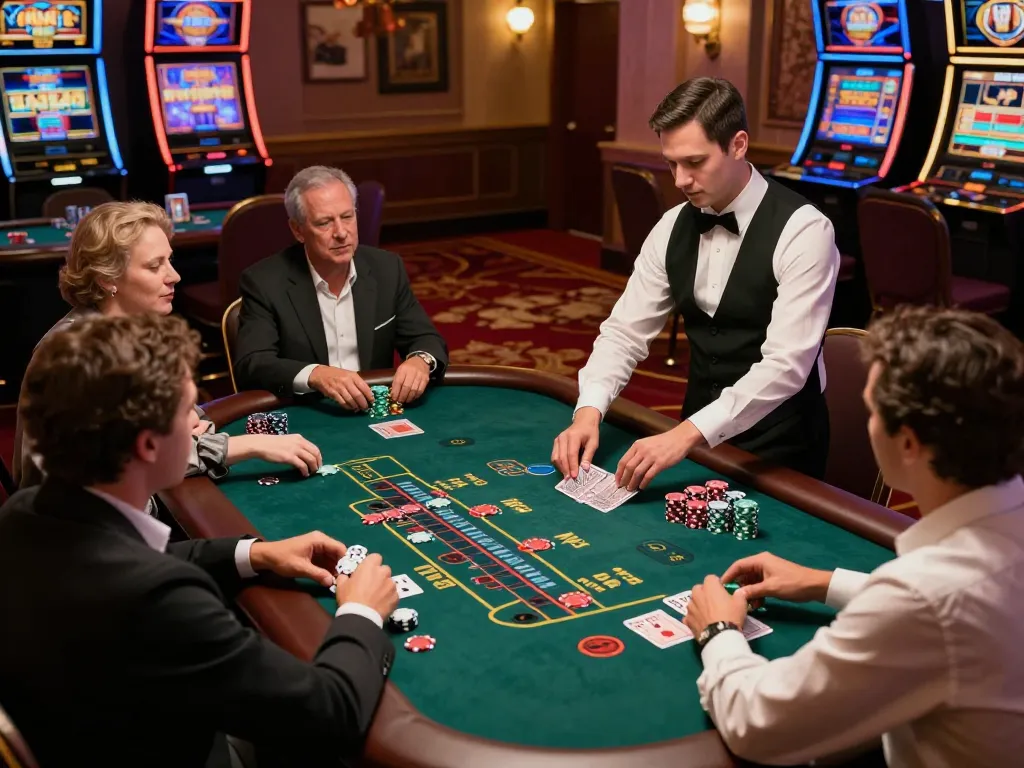 Ricbet players strategizing at an elegant blackjack table in a vibrant casino setting.