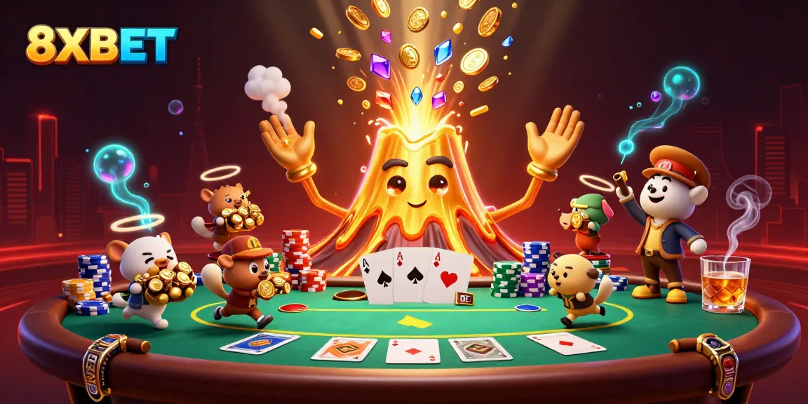 Experience thrilling wins with 8XBET surrounded by golden treasures and casino elements.