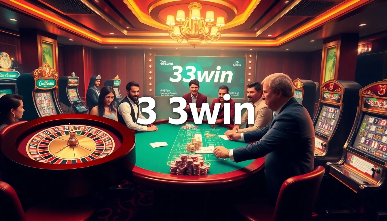 Experience the excitement of 33win with vibrant casino visuals featuring roulette and poker.