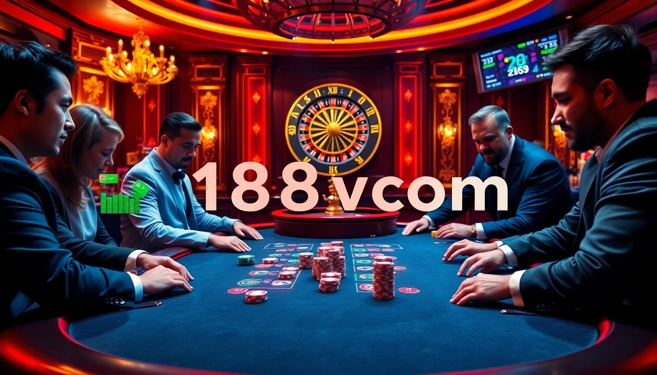 A poker game in a luxurious casino featuring 188vcom digital interfaces and vibrant betting excitement.