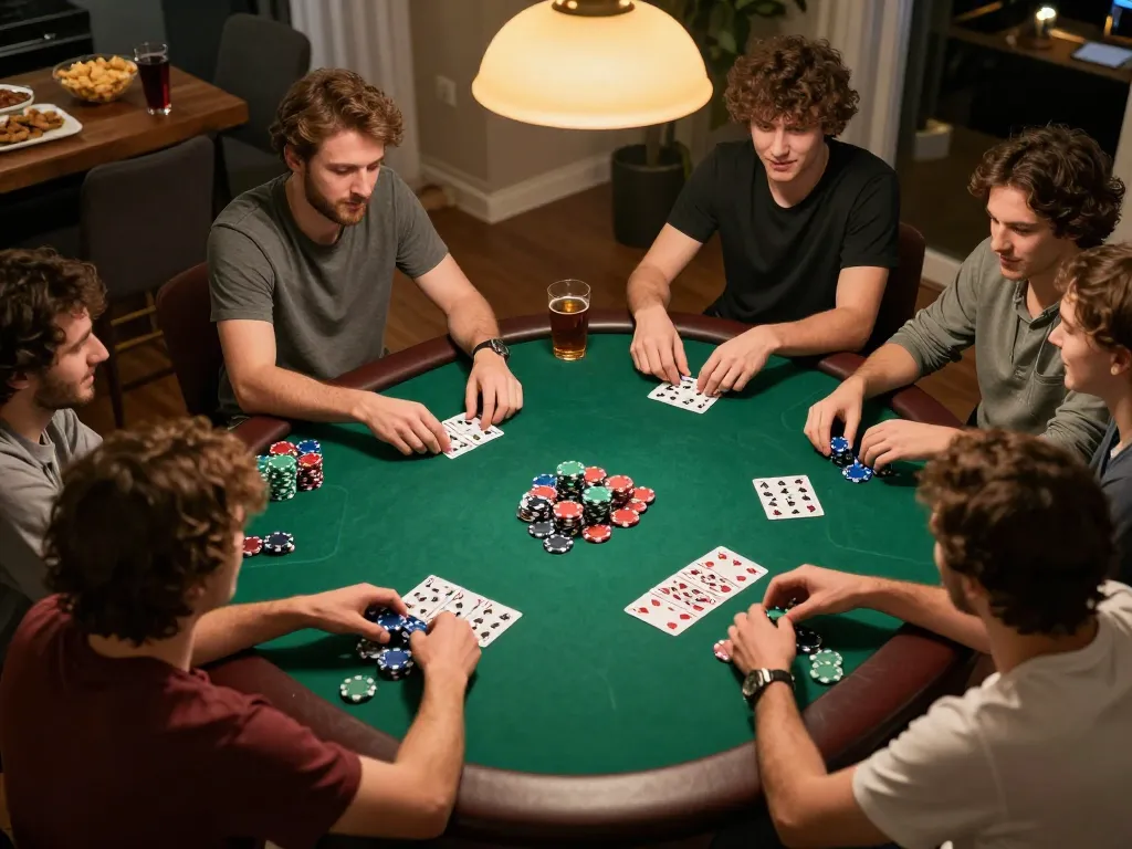 Friends enjoying a poker night at home, with the focus on strategic gameplay and camaraderie surrounding jun888.