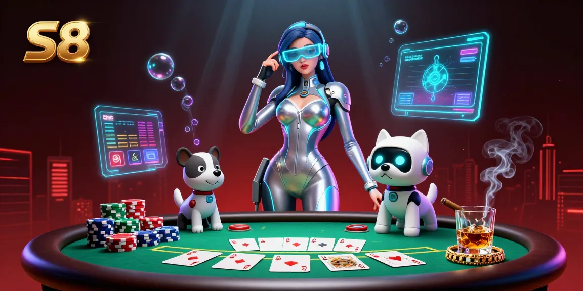 Experience S8 action with a stunning woman and robot at a vibrant poker table.