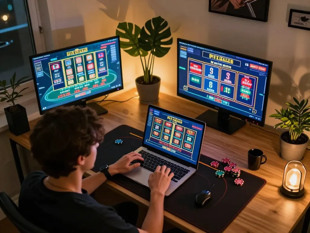 Player engaging in online poker gaming at home, showcasing the excitement of 78wingo casino experience.