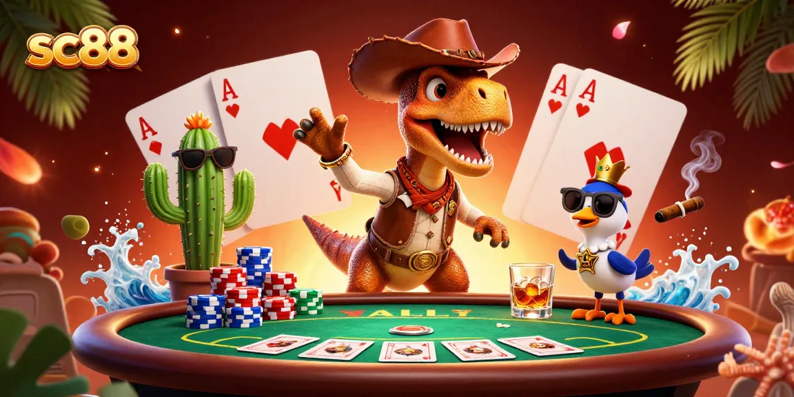 Engage in thrilling card games at sc88 with a dynamic casino scene featuring T-Rex and friends.
