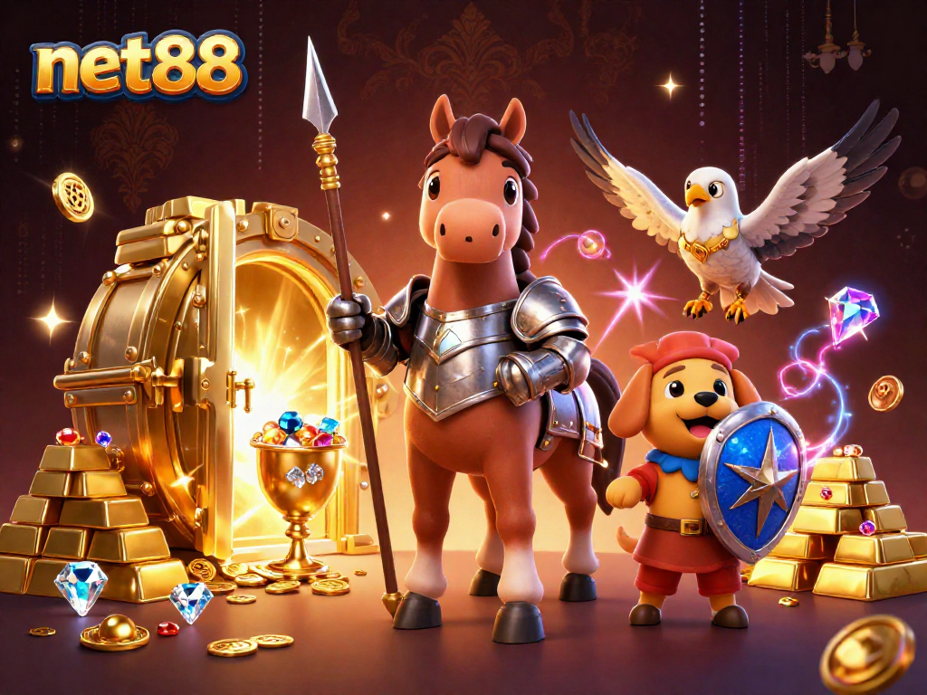 Experience thrilling gaming action with net88's vibrant 3D casino illustration featuring knights and treasures.