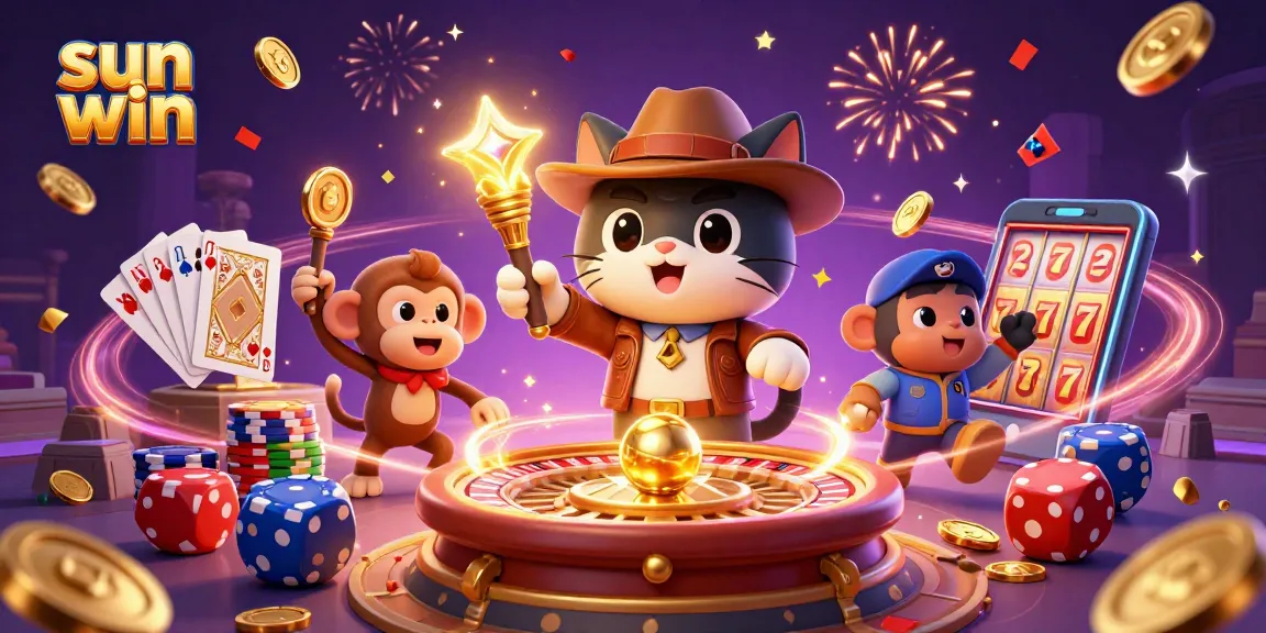 Experience the excitement of sun win with a vibrant scene featuring an explorer cat and magical casino elements.
