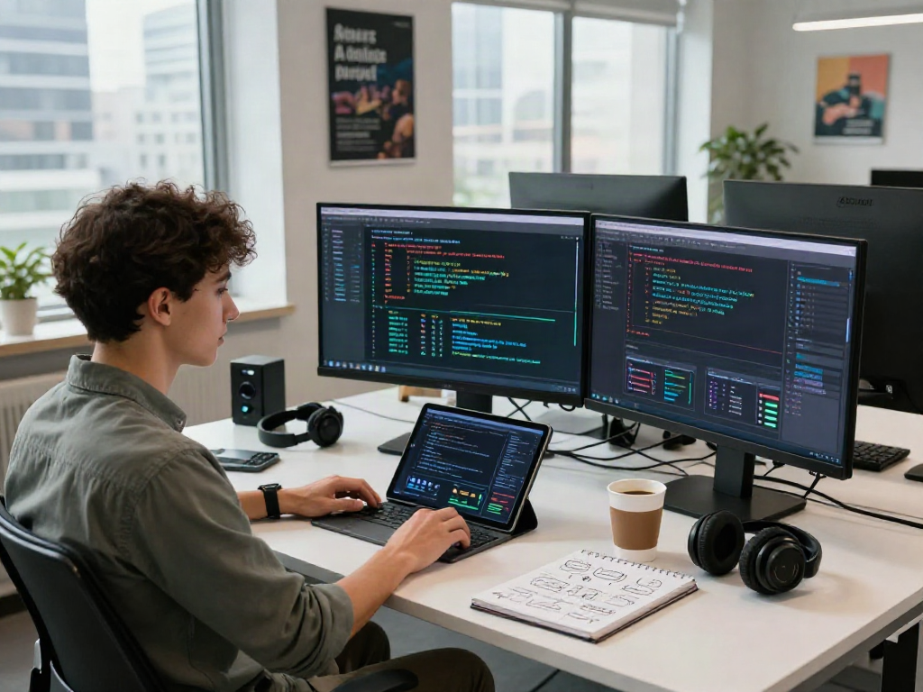 Developer working on ia +18 AI technology in a modern office with screens and creative tools.
