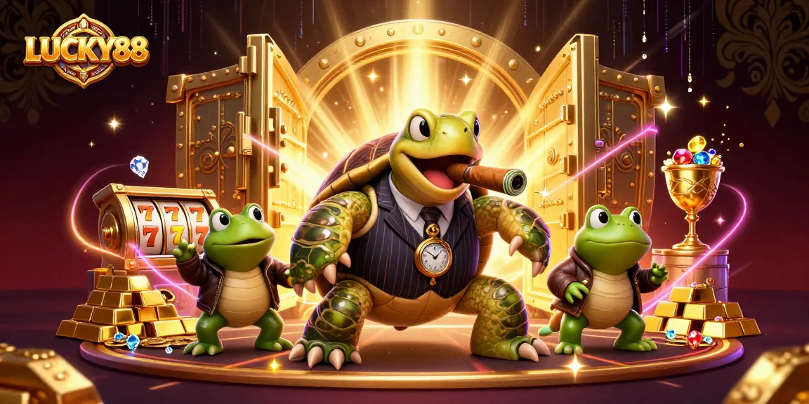 LUCKY88 offers thrilling slots and jackpots with a cartoon turtle and bullfrogs in a vibrant casino.