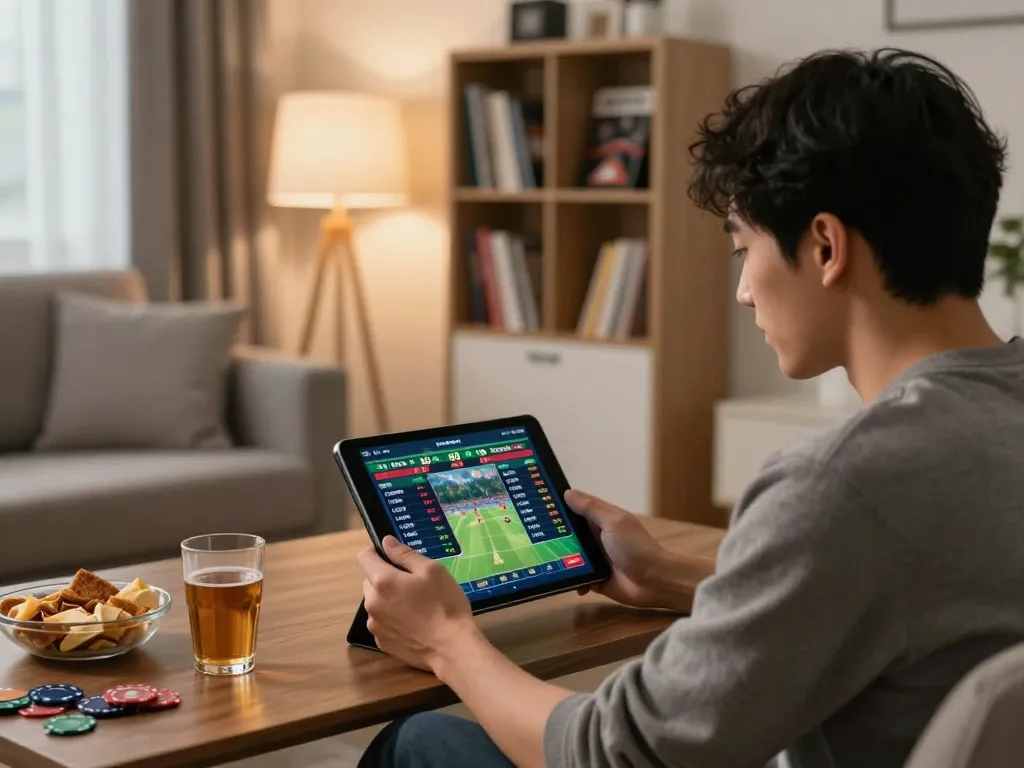 Player strategizing their next bet in LV88 online sports betting interface at home, showcasing modern lifestyle.