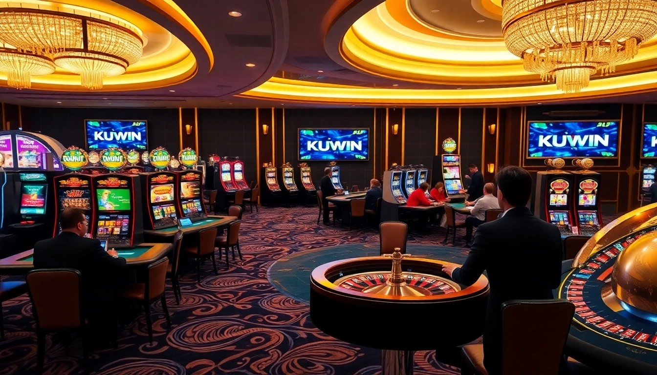 Engaged players at a vibrant casino gaming floor featuring KUWIN entertainment, poker tables, and slot machines.