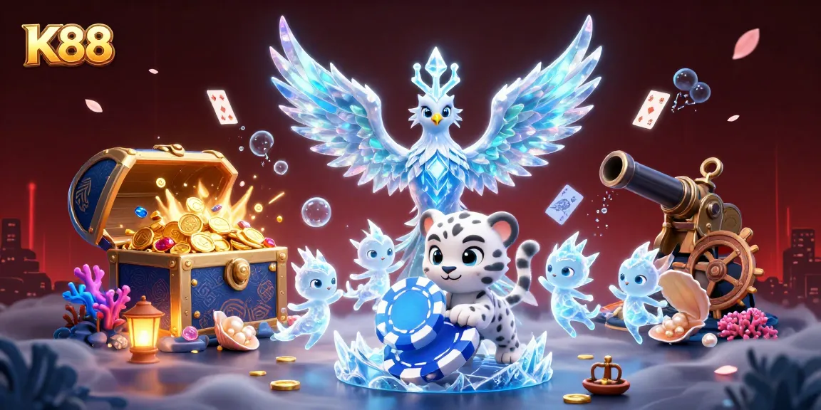 K88 players experience an enchanting casino atmosphere with an ice phoenix and poker chip.