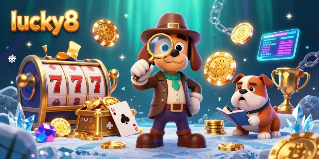 Engaging scene with lucky8 characters uncovering casino treasures while exploring golden poker chip clues.