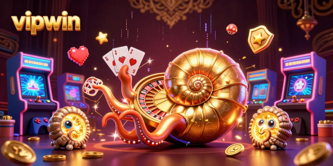 Experience the thrill of vipwin as colorful games and golden elements surround a giant nautilus roulette wheel.