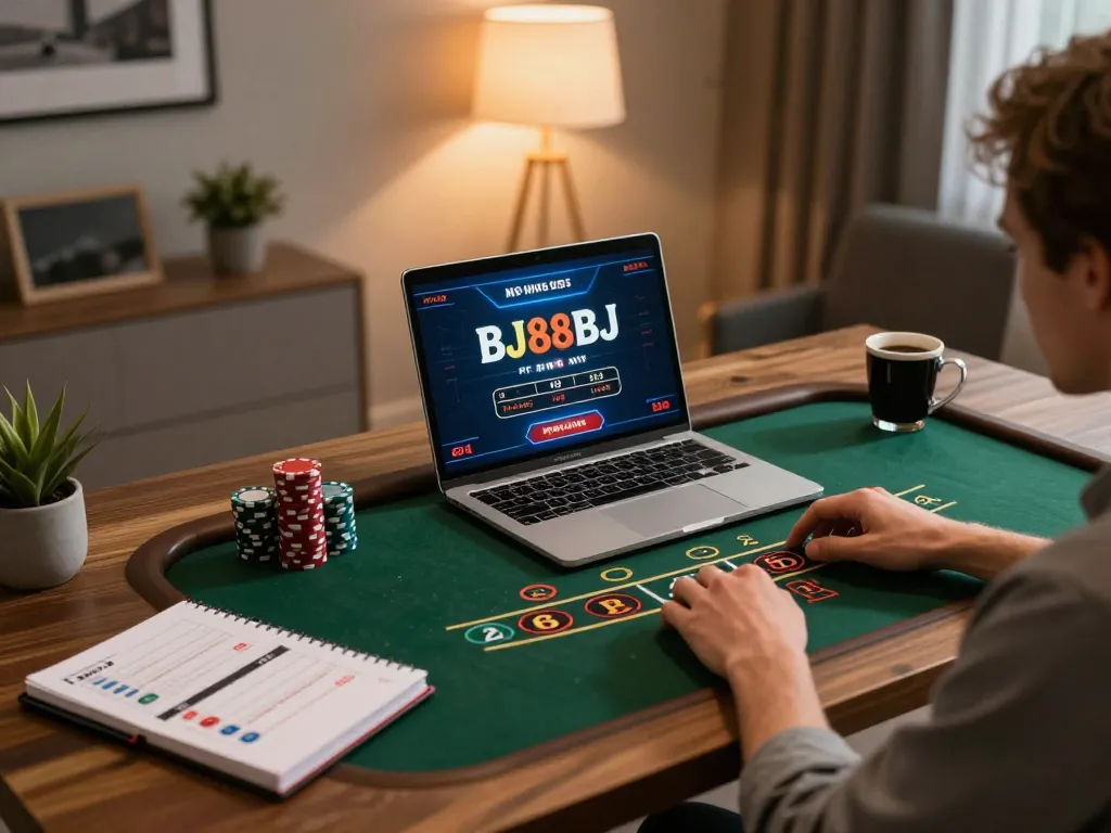 Engaging in online blackjack at BJ88BJ with strategic planning and comfortable setup.