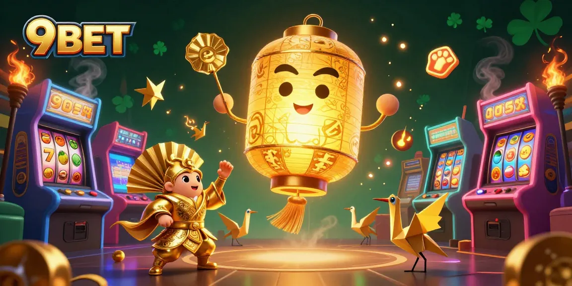 Experience thrilling gameplay at 9BET with vibrant gaming elements and a golden lantern spirit.