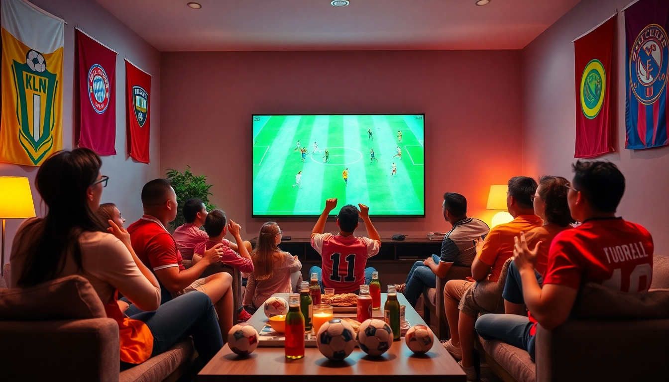 Socolive streaming excitement with fans enjoying live football in a vibrant living room.