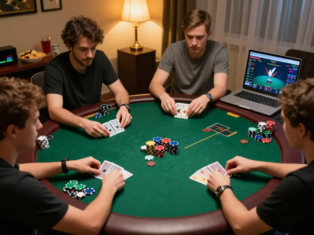 Players engaged in a sunwin20 online poker game with chips and cards visible in a cozy setting.