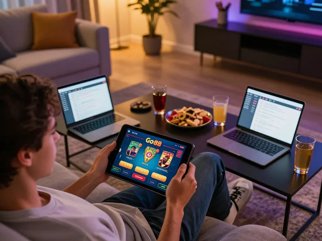 Engaging online gambling experience at trang chủ Go88 with user enjoying poker on tablet at home.