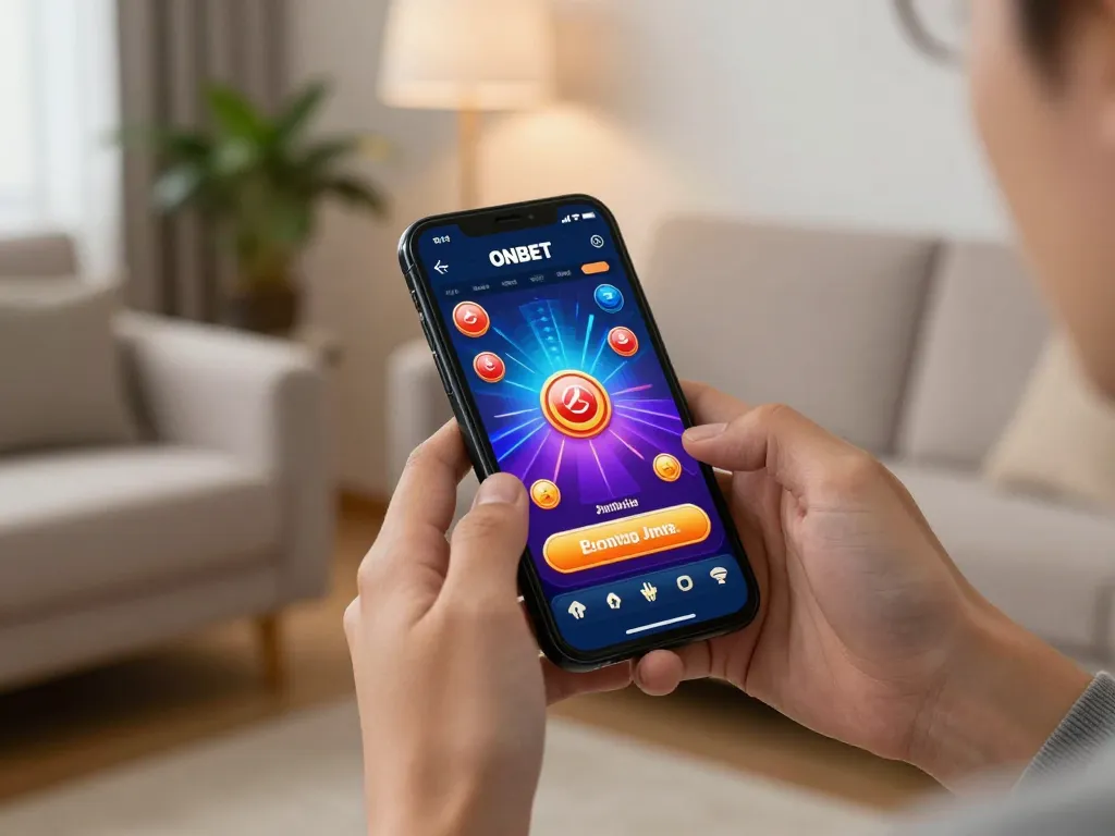 Engaging gameplay with tải onbet app on smartphone in a cozy home setting.