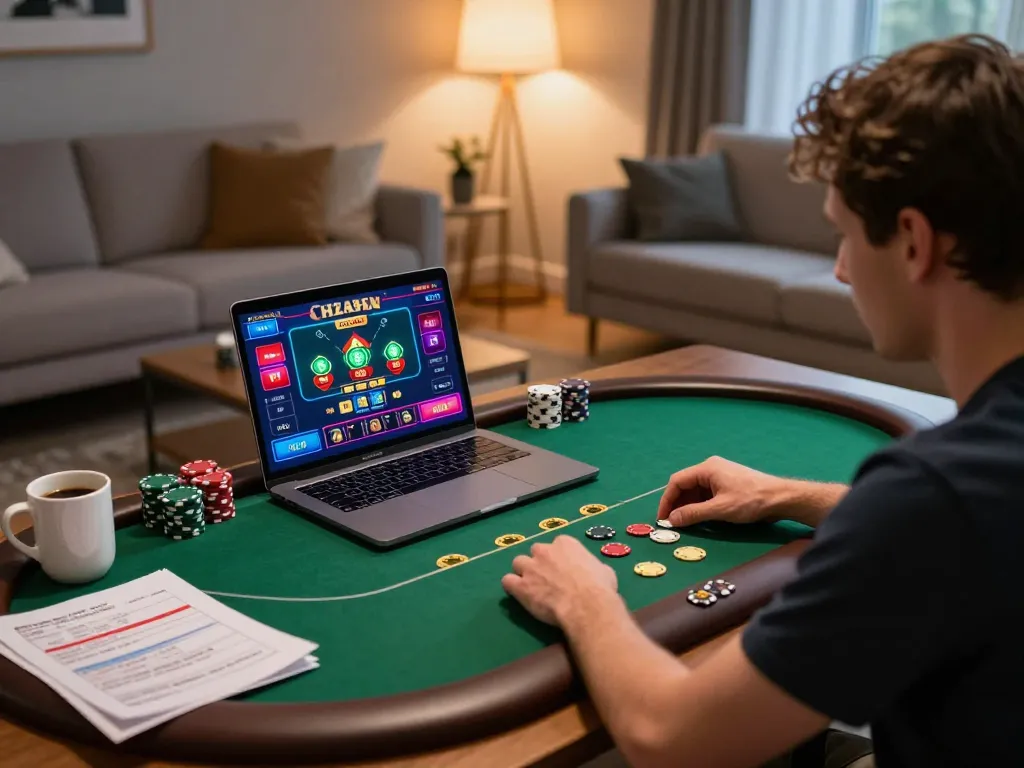 Kuwin1 player strategizing during an intense online poker game at home with laptop and notes