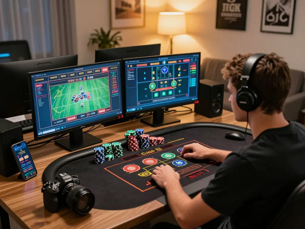Engaging online gambling scene with a player strategizing at their desk for ta888, multiple screens and casino app visible.