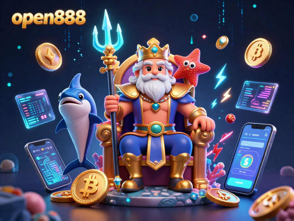 Join the excitement at open888 with a vibrant crypto casino featuring Neptune, coins, and holographic displays.