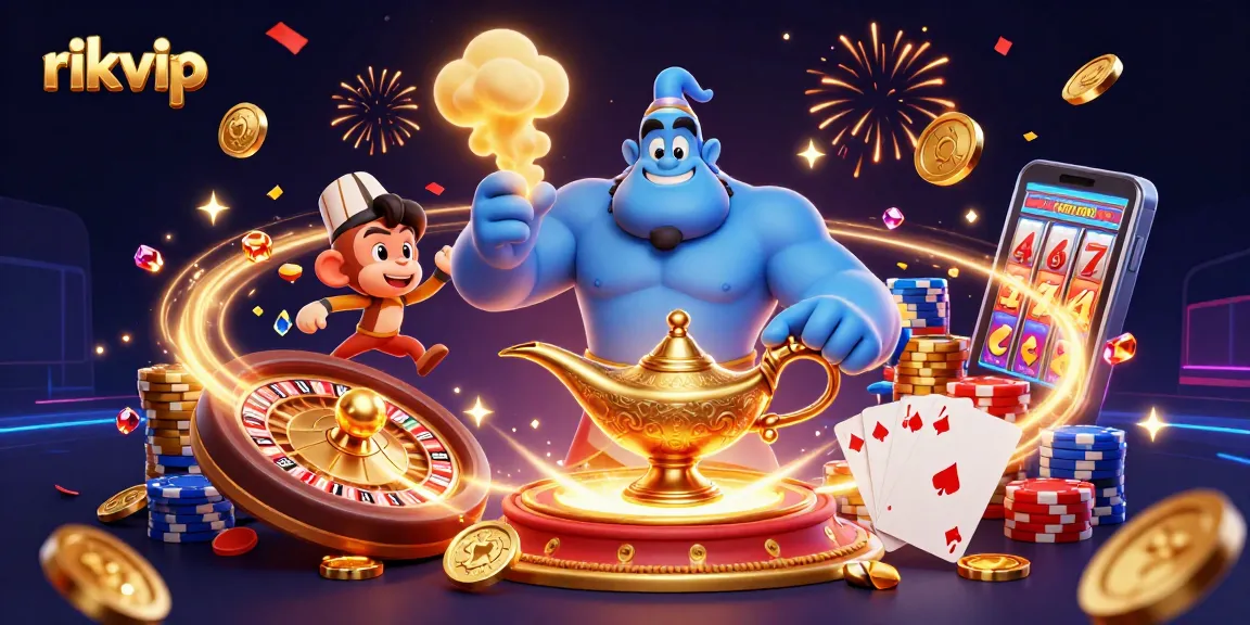 Experience the thrill of rikvip with vibrant casino elements and characters celebrating wins.